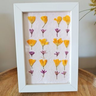 Marco de flores prensadas amarillas y lila, decoración floral. Decoración del hogar, flores prensadas creado por Raquel de Mi Rincón de Crear www.mirincondecrear.com