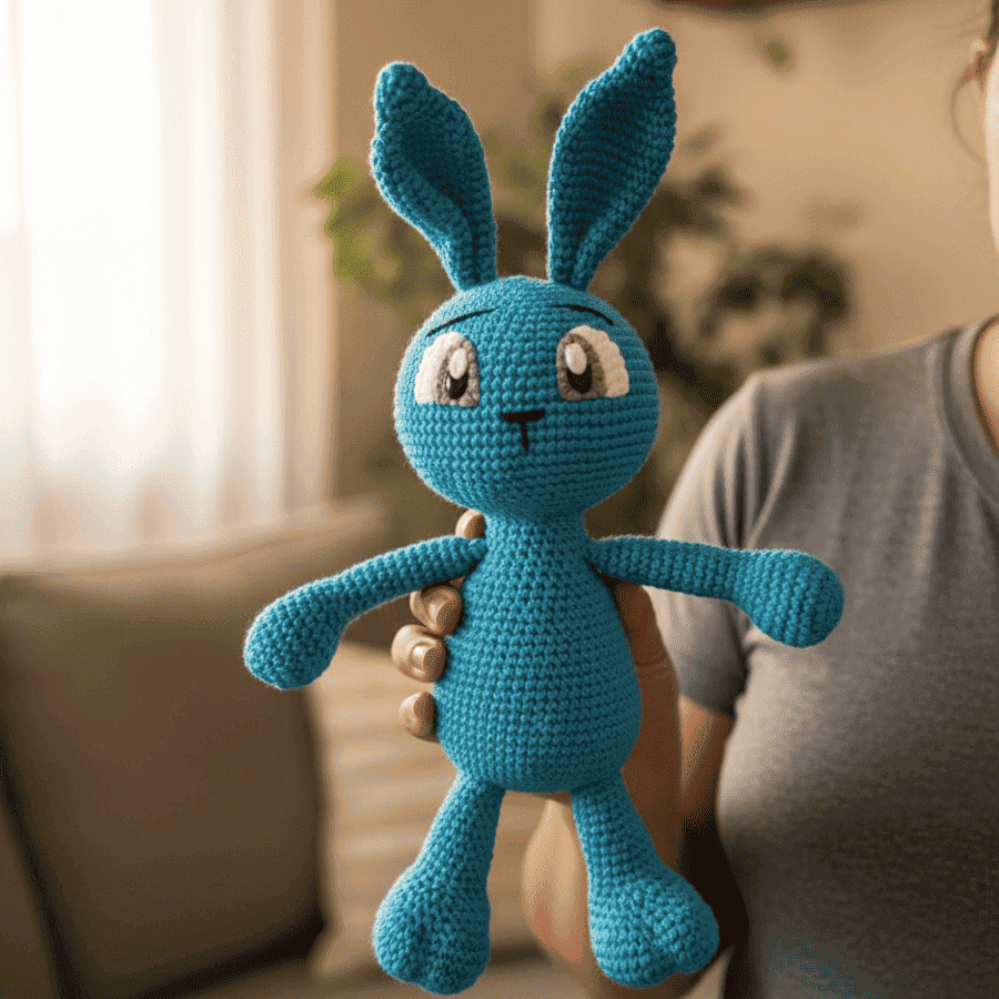 Conejito Amigurumi Azul Personalizado con Bandana Bordada · Amigurumi conejo personalizado hecho a mano con hilo de algodón 100%, seguro y suave para los más pequeños. Incluye bandana con nombre bordado a mano, combinando ternura y seguridad en un regalo único. · Tienda de simple para ArteLovers Conejito Amigurumi Azul Personalizado con Bandana Bordada - Imagen 3