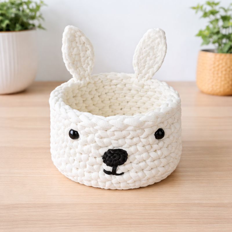 Cestillo BlanquiBoo · Cestillo blanco con orejitas tejido en crochet en trapillo blanco · Tienda de simple para Cestillo BlanquiBoo - Imagen 5