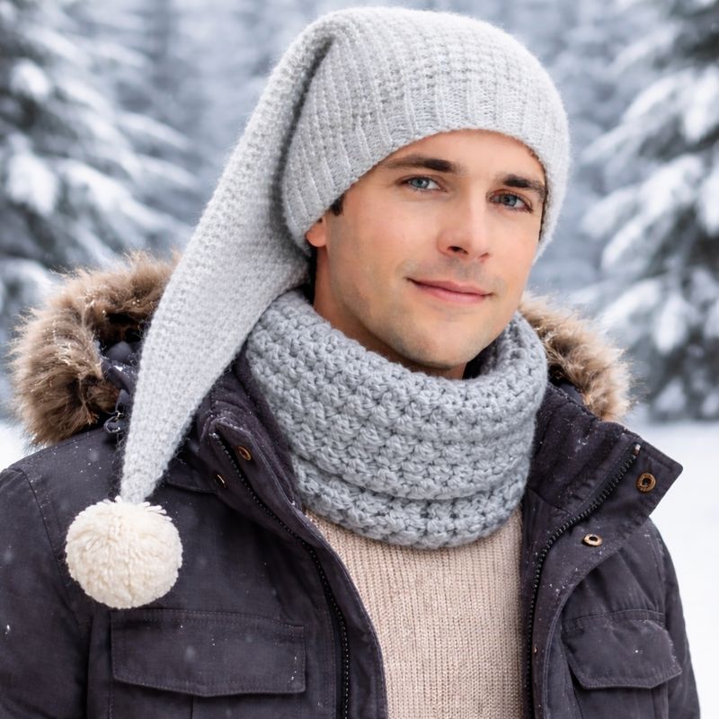 Conjunto Gorro Sueños Invernales + Cuello Caricia Invernal · Conjunto de gorro tipo elfo con pompón y cuello, ambos de lana de un gris degradado y tejidos en crochet. · Tienda de simple para ArteLovers Market Conjunto Gorro Sueños Invernales + Cuello Caricia Invernal - Imagen 4