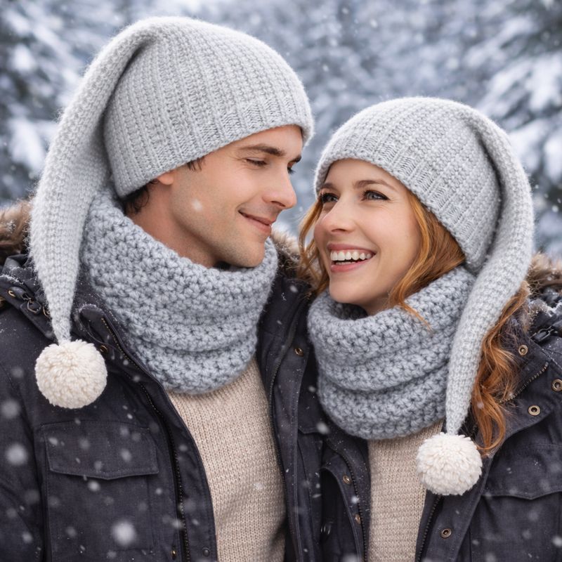 Conjunto Gorro Sueños Invernales + Cuello Caricia Invernal · Conjunto de gorro tipo elfo con pompón y cuello, ambos de lana de un gris degradado y tejidos en crochet. · Tienda de simple para ArteLovers Market Conjunto Gorro Sueños Invernales + Cuello Caricia Invernal