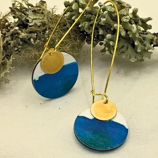 Pendientes circulo turquesa y blanco, pendientes pintados a mano, NUBLA HANDMADE