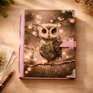 Cuaderno A5 de tapa dura con búho hecho a mano en España por Sonrisas de Ratona