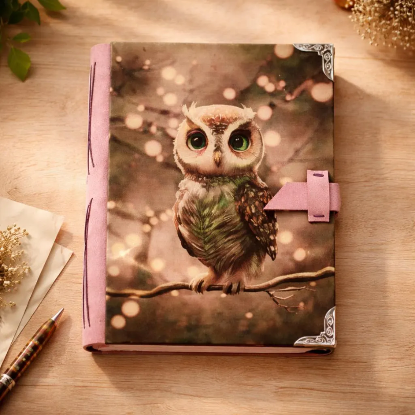 Cuaderno A5 de tapa dura con búho hecho a mano en España por Sonrisas de Ratona