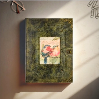 cuaderno A5 tapa dura falso cuero verde con ilustración vintage de pájaros hecho a mano en España por Sonrisas de Ratona