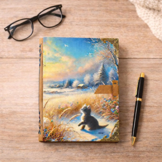 Cuaderno A5 en tapa dura con una ilustración de un gatito en un paisaje invernal hecho a mano en España por Sonrisas de Ratona
