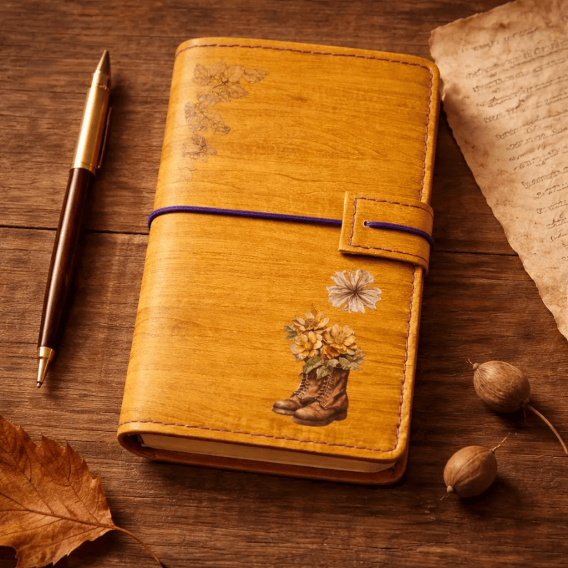 Cuaderno de viaje amarillo mostaza de tapa blanda con ilustración de botas de senderismo hecho a mano en España por Sonrisas de Ratona