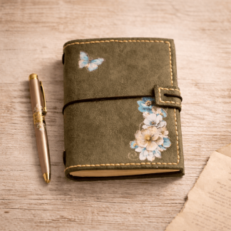 Cuaderno floral verde de tapa blanda con recambios hecho a mano en España por Sonrisas de Ratona