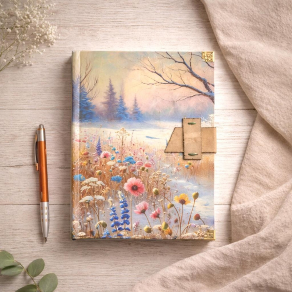Cuaderno de tapa dura tamaño A5 con estampado de flores en un paisaje nevado hecho a mano en España por Sonrisas de Ratona