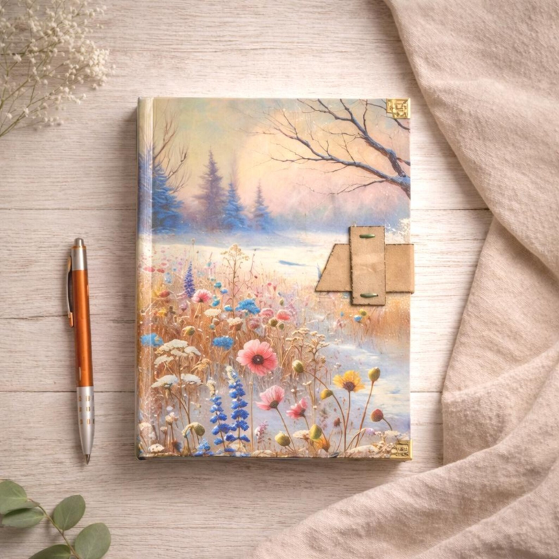 Cuaderno de tapa dura tamaño A5 con estampado de flores en un paisaje nevado hecho a mano en España por Sonrisas de Ratona