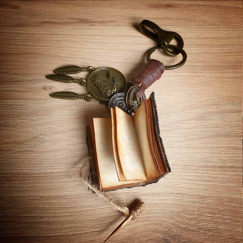 Llavero artesanal en cuero y metal envejecido con grimorio Pachamama · Amuleto libro de las sombras hecho a mano insertado en llavero · Tienda de simple para ArteLovers Market Llavero artesanal en cuero y metal envejecido con grimorio Pachamama - Imagen 2