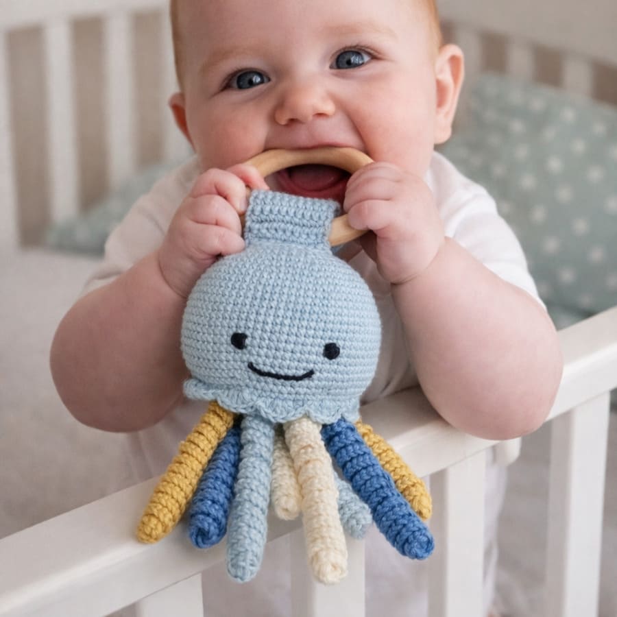 Regalo para recién nacido · Regalo para bebé recién nacido compuesto por patucos de crochet y un sonajero-mordedor con forma de medusa en suaves tonos azules, tejidos a mano en algodón natural. · Tienda de variable para ArteLovers Market Regalo para recién nacido - Imagen 4