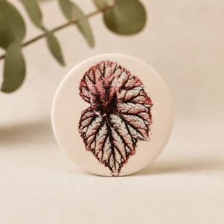 Imán botánico circular de cerámica blanca con ilustración de hoja Begonia Rex en tonos burdeos, rosa y crema