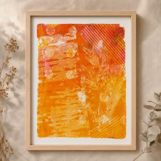 Lámina botánica abstracta en tonos naranja y amarillo realizada mediante gel printing, enmarcada.