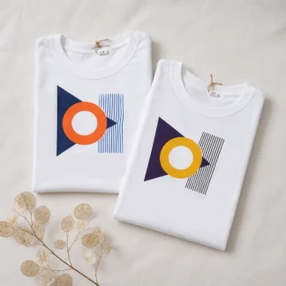 Primer plano de dos camisetas blancas de algodón plegadas, mostrando dos variaciones del estampado geométrico artesanal: una con círculo naranja y otra con círculo amarillo, junto a una rama seca decorativa.