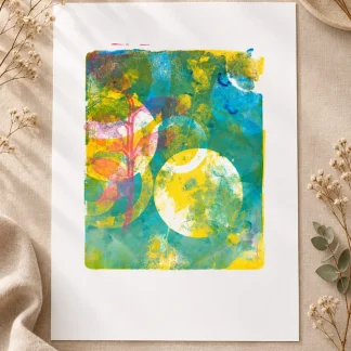 Lámina botánica abstracta sobre tela clara, con formas circulares y huellas vegetales en tonos azules, verdes, amarillos y rosas.