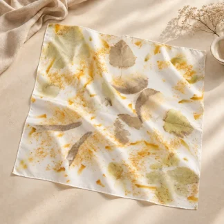 Pañuelo cuadrado de seda extendido sobre una superficie beige, con impresiones de hojas ocres, verdes y marrones.