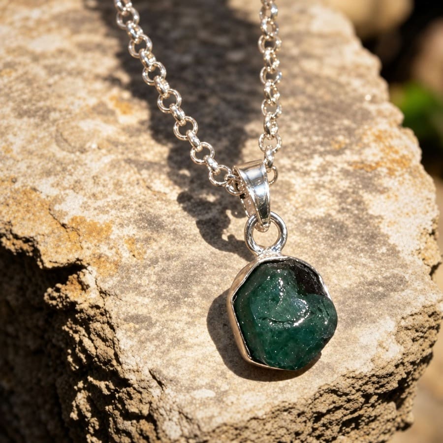 Colgante de Esmeralda en Bruto con Cadena de Plata 925 · <p class="p1"><span class="s1">Un pequeño colgante de esmeralda en bruto con cadena de plata 925 de 40 cm. Mide solo 8 × 8 mm y la piedra que aparece en las fotografías es exactamente la que recibirás.<b>a 925</b></span>, hecho a mano, ligero y discreto. Piedra de nacimiento de mayo, ideal como colgante pequeño para usar a diario o para hacer un regalo con significado.</p> · Tienda de simple para ArteLovers Market Colgante pequeño de esmeralda en bruto con cadena de plata 925, Milagro Rousse